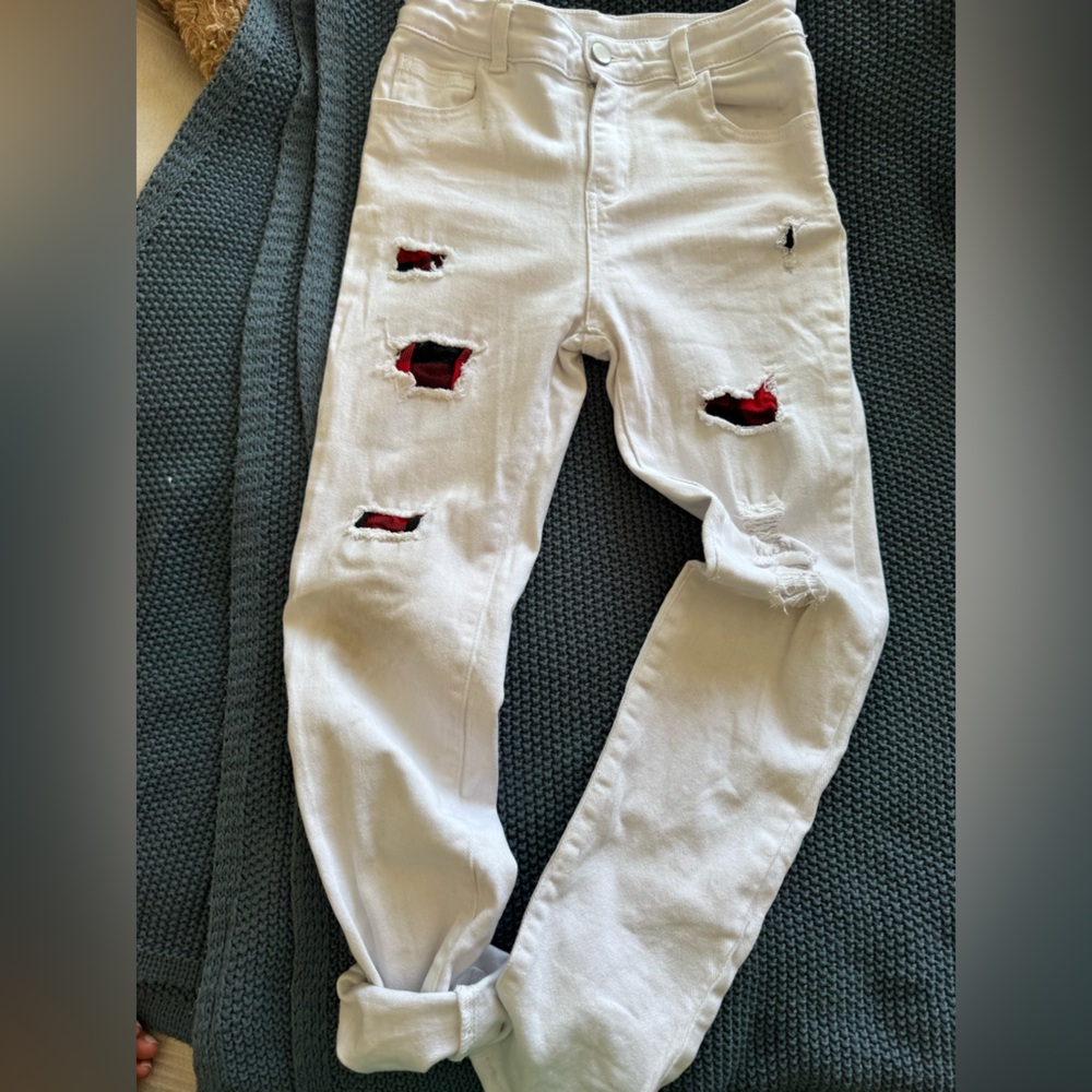 Kids White Distressed Jogger Pants with Red Lining